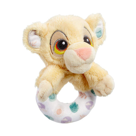 Plush Disney Lion King Simba toy with a ring with patterned fabric on a white background