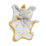 Baby comfort blanket with plush dumbo toy featuring a gold crown an moon and star pattern on a white background