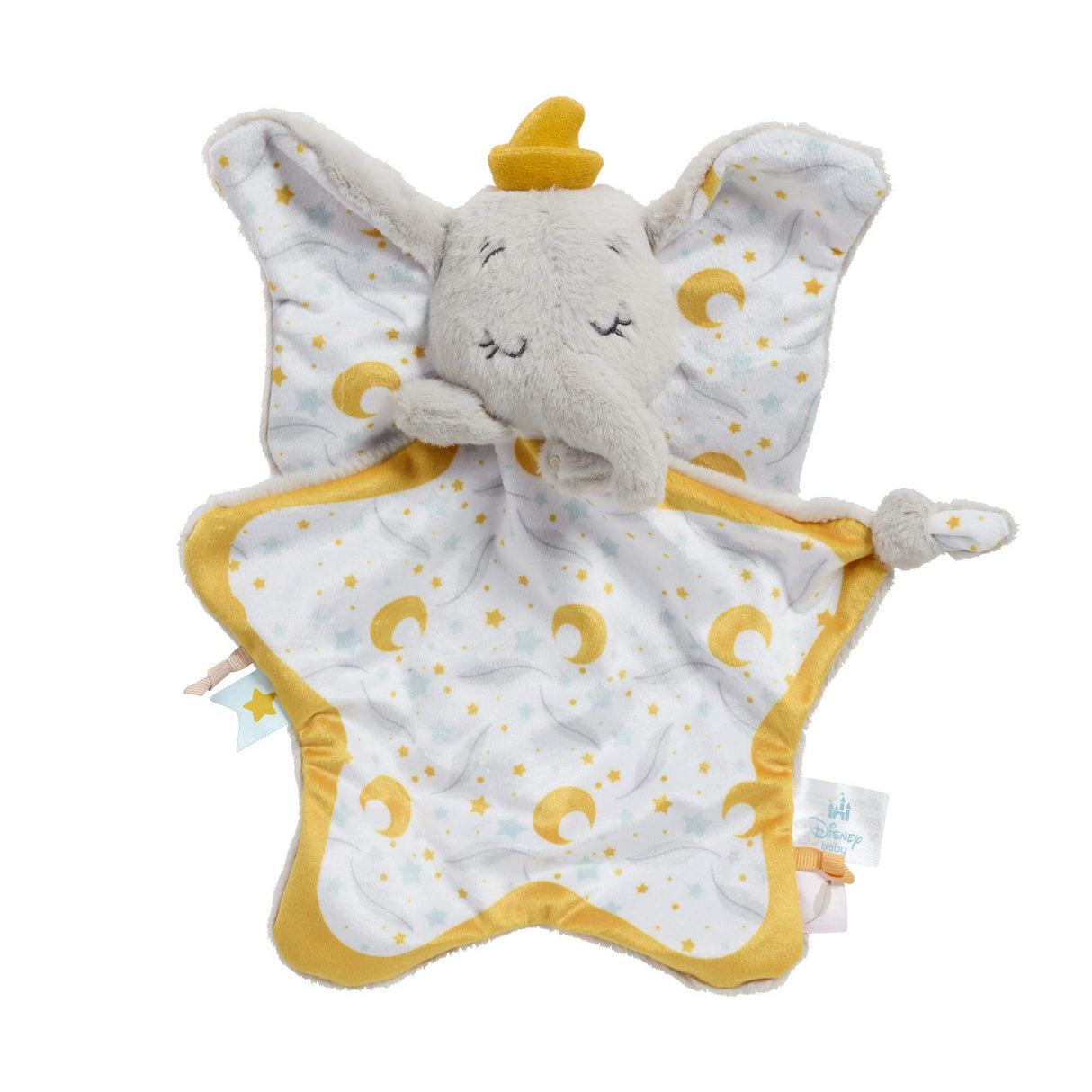Plush Dumbo elephant soother toy with yellow accents on a white background