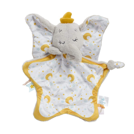 Plush Dumbo elephant soother toy with yellow accents on a white background