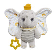 Front view of Disney Dumbo My First Soft Toy showing embroidered face, large patterned ears, ribbed grey body, and attached yellow star teether, on white background.