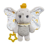 Front view of Disney Dumbo My First Soft Toy showing embroidered face, large patterned ears, ribbed grey body, and attached yellow star teether, on white background.