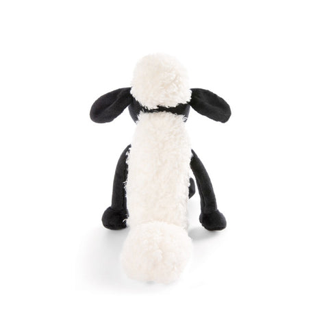 Plush toy sheep with black face and legs on a white background