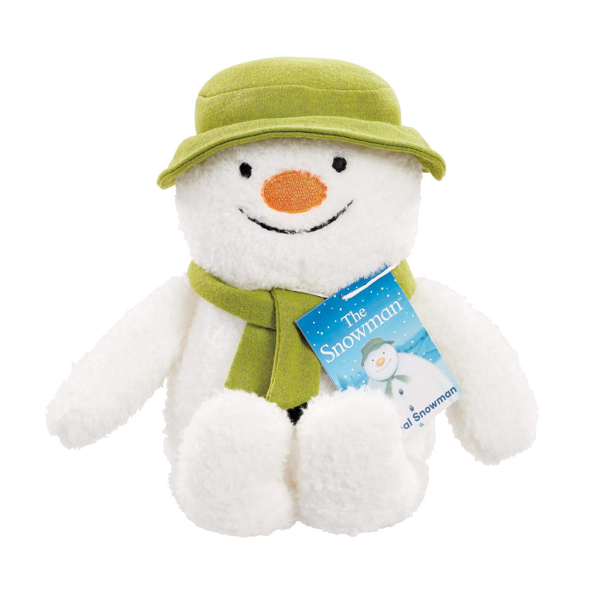 Plush The snowman Musical toy with a green hat and scarf, featuring a tag on a white background