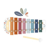 A wooden xylophone toy with 8 colourful keys in shades of orange, red, pink, light blue, teal, and navy, accompanied by a light wood mallet, shown on a solid white background.