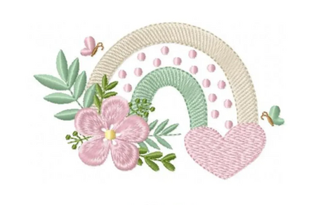 Embroidered Boho design of a rainbow with flowers and leaves on a white background