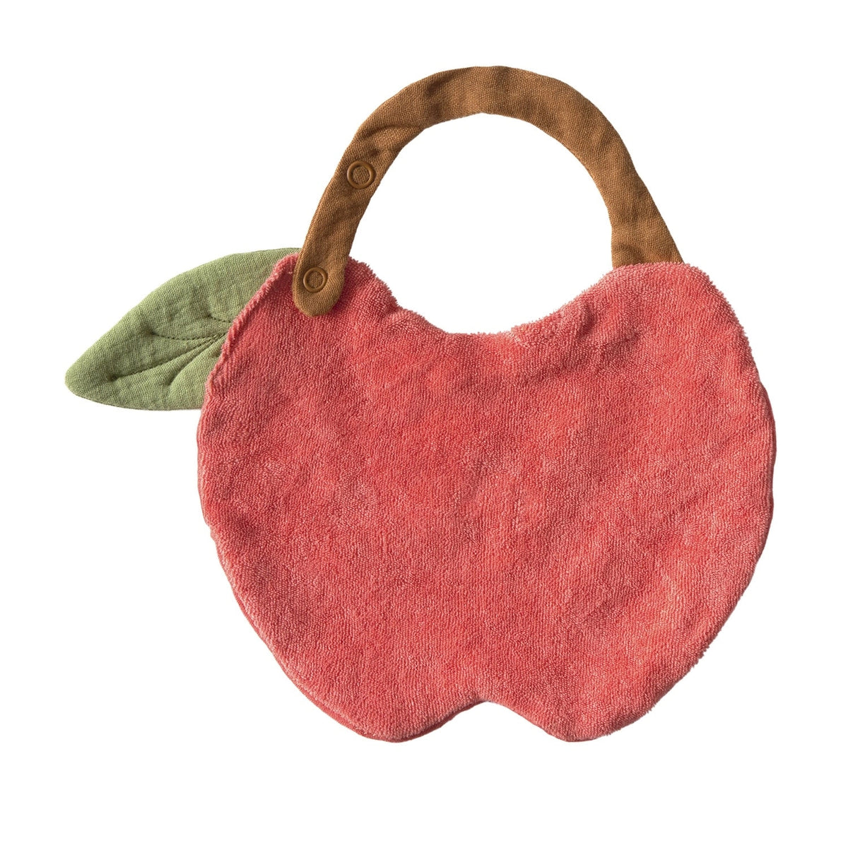 Reverse side of the Oli & Carol Pepa The Apple Bib showing the red terry cotton backing, green leaf and snap fastener on the stem, on a white background