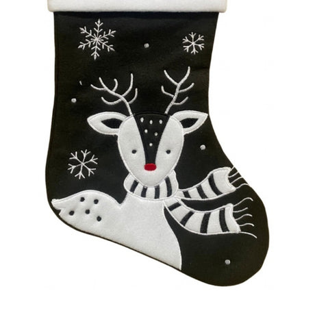 Black Christmas stocking with a reindeer design on a white background