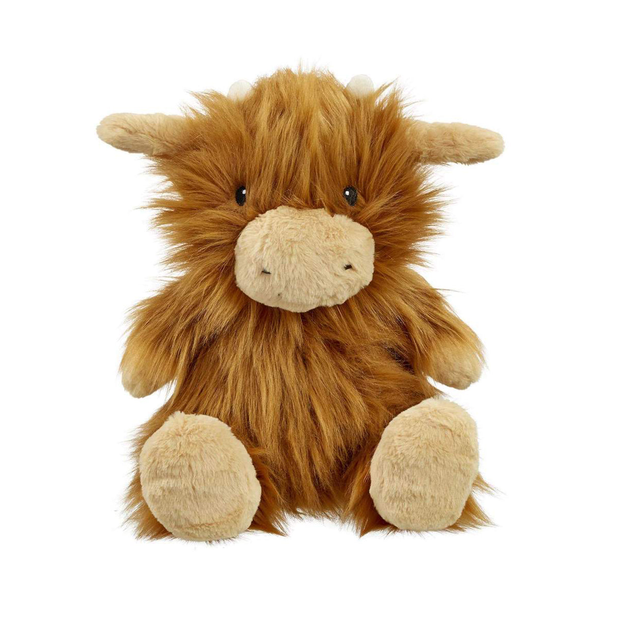 A large soft toy resembling a Highland cow with long brown hair, beige body, and brown plush horns, nose, and hooves.