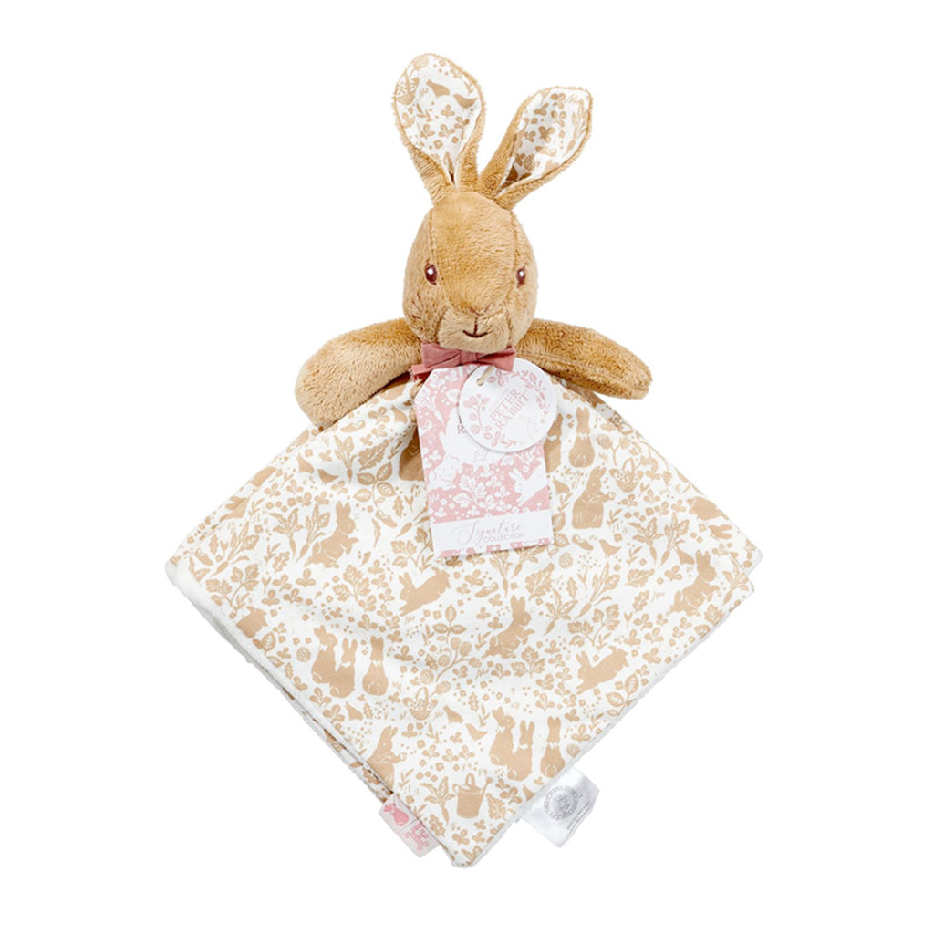 Plush Flopsy bunny rabbit toy soother blanket on a white background