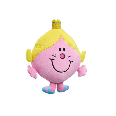 Plush  pink soft toy with a smiling face, yellow hair, and a gold sparkly crown on a white background