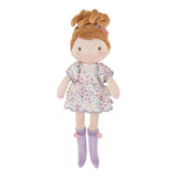 Little Dutch Cuddle Doll Ava showing embroidered face detail and floral purple dress