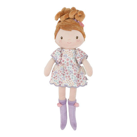 Little Dutch Cuddle Doll Ava showing embroidered face detail and floral purple dress