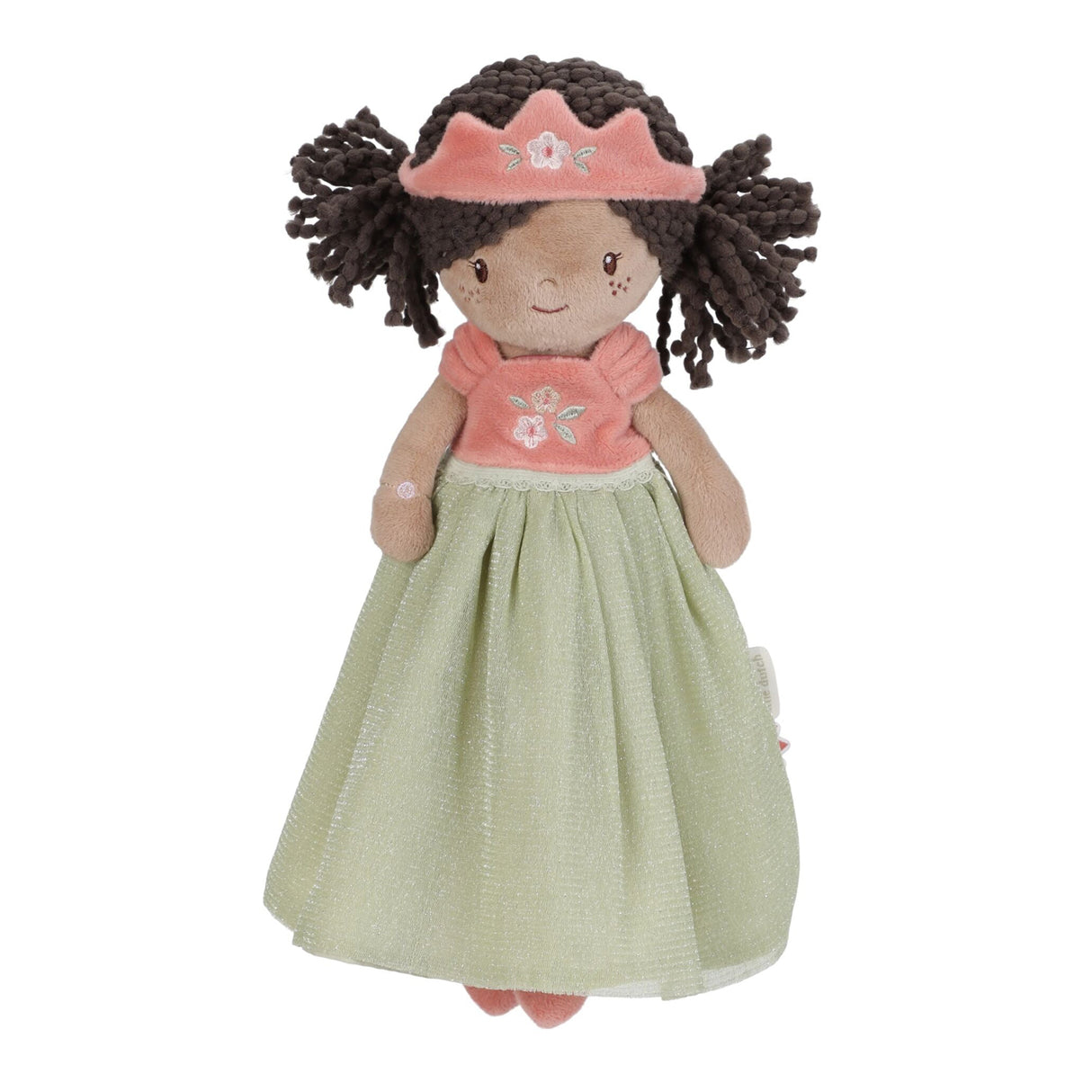 Princess Evi Little Dutch doll - full length view showing pink crown, floral top and green skirt