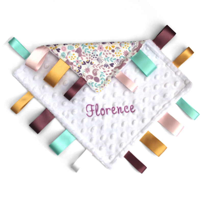 Fabric Baby taggy blanket with colourful ribbons personalised with name