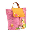 Pink backpack with yellow flap, animal appliqués, and flowers on a white background
