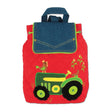 Red backpack with a green tractor and chicken design on a white background