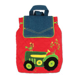 Red backpack with a green tractor and chicken design on a white background