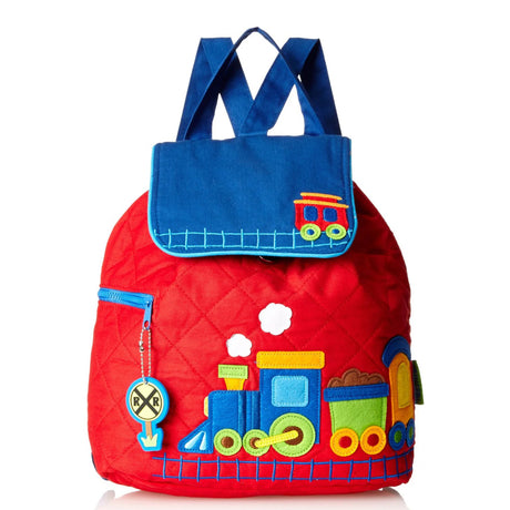 Children's red quilted backpack with a colourful train design, featuring blue straps and details.