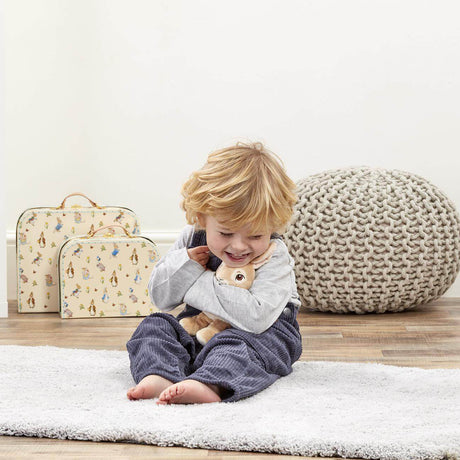 Child sitting on a rug holding a Peter Rabbit with patterned suitcases and a textured pillow in the background.
