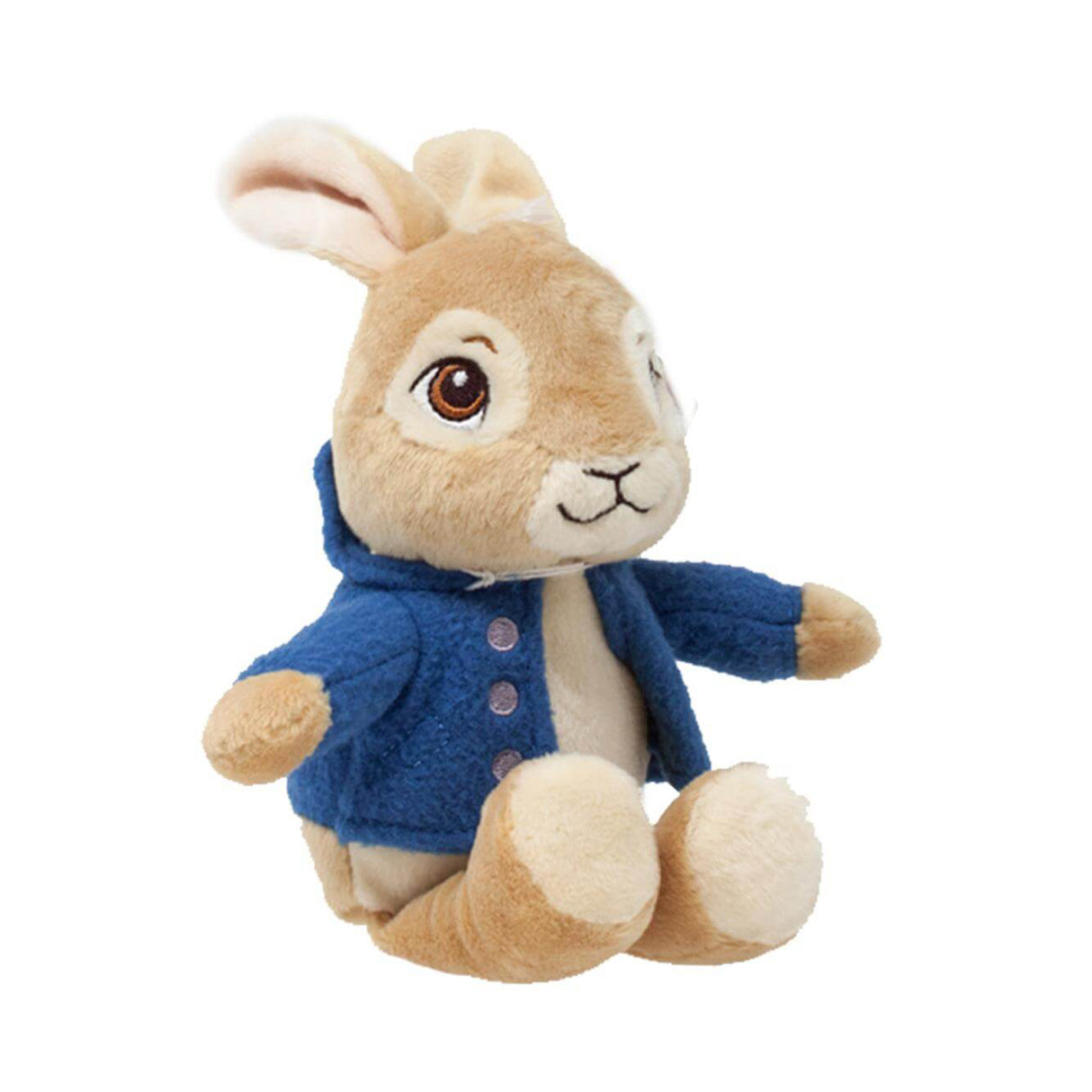 Plush toy Peter Rabbit wearing a blue coat on a white background