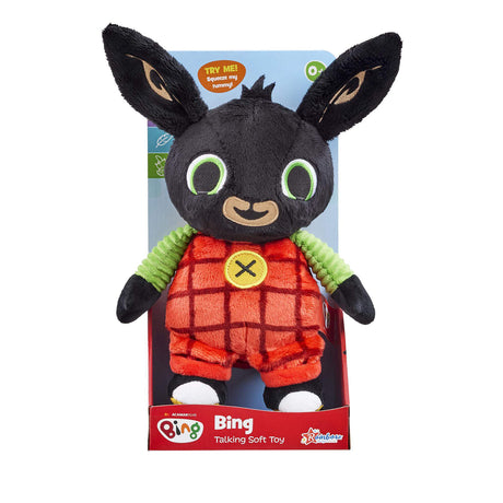 Plush Bing toy with packaging featuring a character in a red outfit on a white background