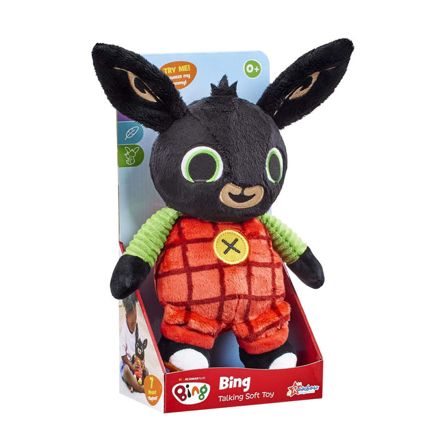 Black Bing rabbit soft talking toy with green sleeves and red checkered outfit in packaging