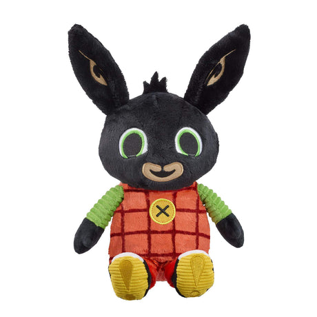 Bing rabbit soft talking toy, green eyes, and red outfit on a white background
