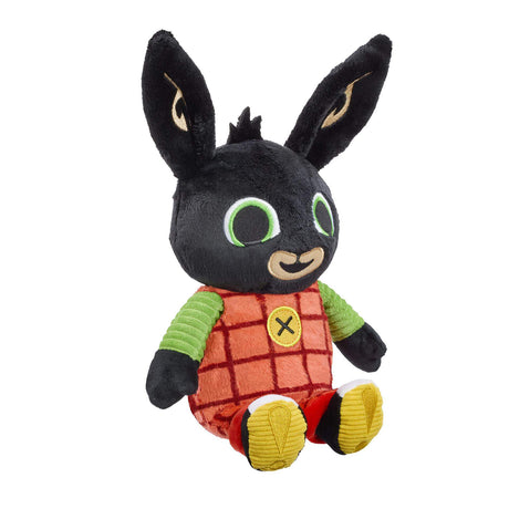 Bing rabbit soft talking toy, green eyes, and orange checkered outfit on a white background