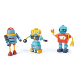 Three colorful wooden robot toy figures on a white background