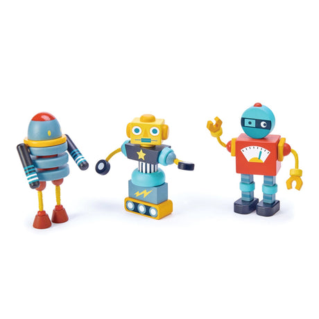 Three colorful wooden robot toy figures on a white background