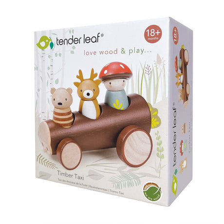 Wooden toy set with a log-shaped car, bear, mushroom, and deer boxed on a white background 