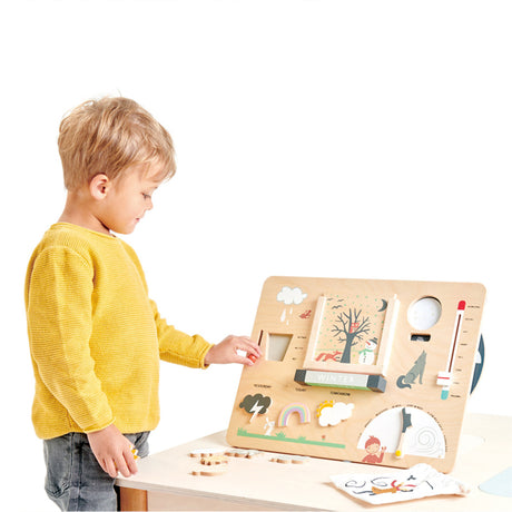 Child playing with a wooden educational toy on a white background