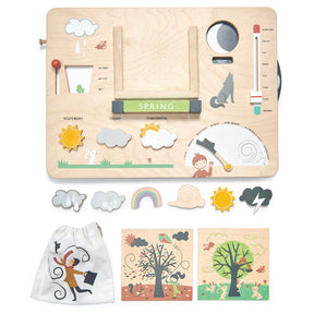 Wooden educational board with weather and nature-themed elements, accompanied by small cards and a drawstring bag.