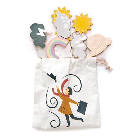 Set of weather-themed wooden toys with a drawstring bag featuring a design of a person with a suitcase.