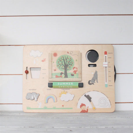 Wooden educational toy with various shapes and a 'weather' theme on a wooden background