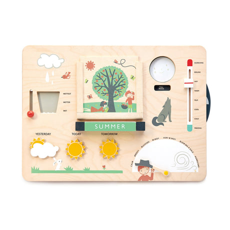 Wooden educational board with various educational elements on a white background