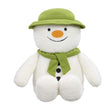 Plush The Snowman toy with a green hat and scarf, orange round nose and a smile on a white background