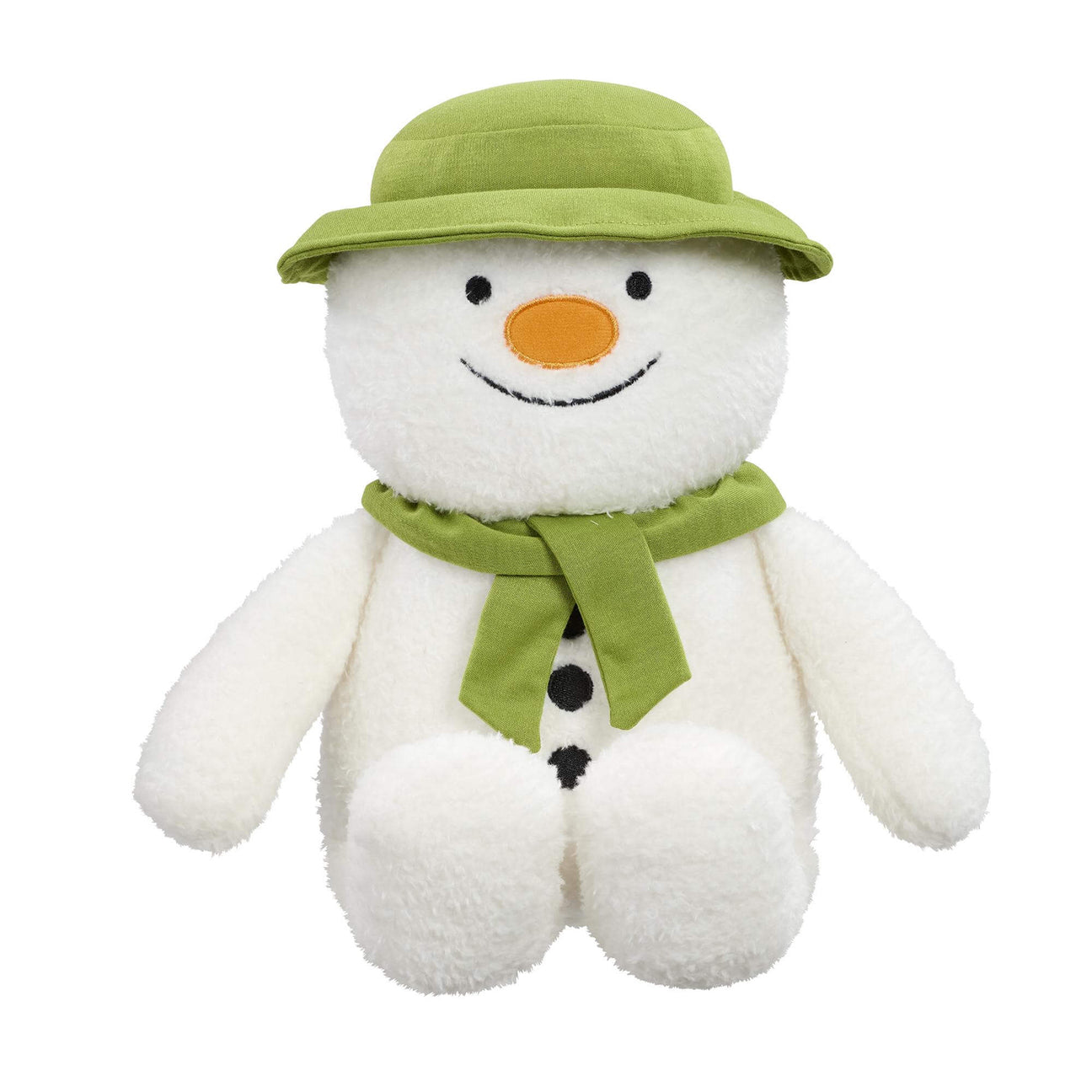 Plush The Snowman toy with a green hat and scarf, orange round nose and a smile on a white background