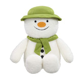 Plush The Snowman toy with a green hat and scarf, orange round nose and a smile on a white background
