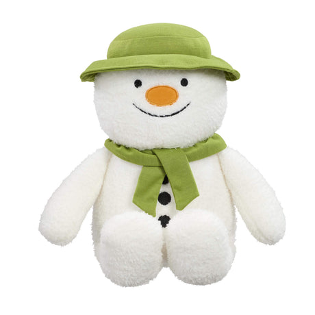 Plush The Snowman toy with a green hat and scarf, orange round nose and a smile on a white background