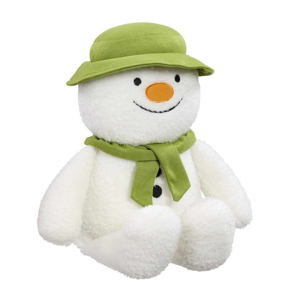 Plush The Snowman toy with a green hat and scarf, orange round nose and a smile on a white background