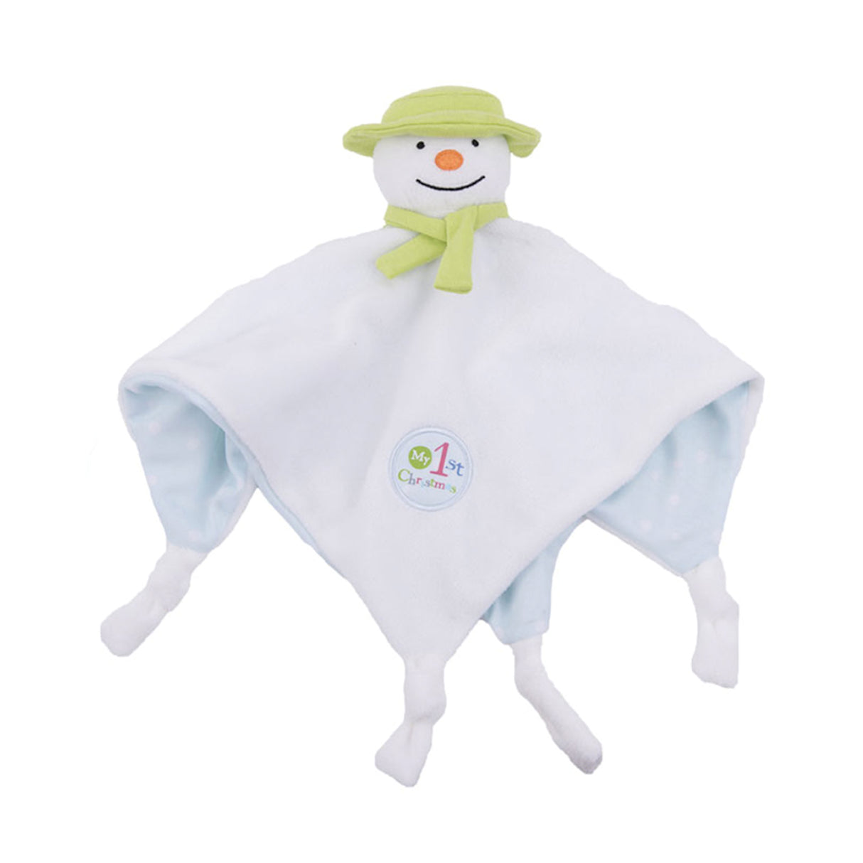 A plush toy resembling a snowman with a green hat and scarf, white blanket body, and an orange nose