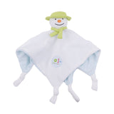 A plush toy resembling a snowman with a green hat and scarf, white blanket body, and an orange nose