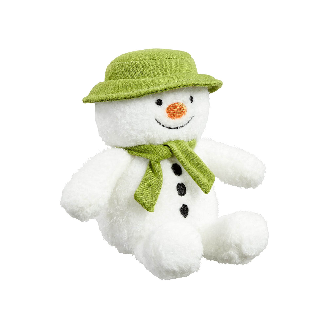The Snowman plush beanie toy with a green hat and scarf and orange nose on a white background