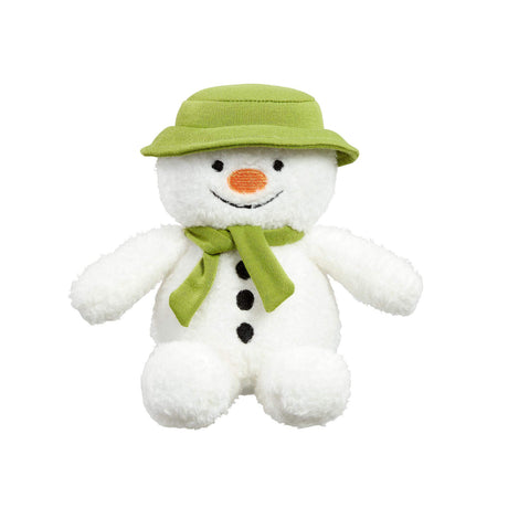 The Snowman plush beanie toy with a green hat and scarf and orange nose on a white background