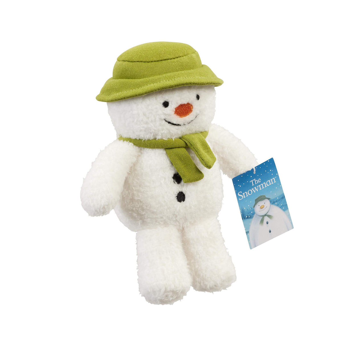 Plush snowman toy with a green hat and scarf, featuring a 'The Snowman' tag.