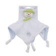 A plush toy resembling a snowman with a green hat and scarf, white blanket body, and an orange nose,