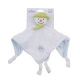 A plush toy resembling a snowman with a green hat and scarf, white blanket body, and an orange nose,