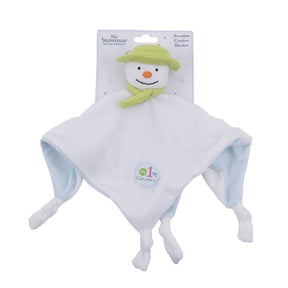 A plush toy resembling a snowman with a green hat and scarf, white blanket body, and an orange nose,